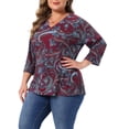 thumbnail image 3 of Agnes Orinda Women's Plus Size Tops V Neck 3/4 Sleeve Knit Tee Shirt Stripe Boho Blouses 1X Burgundy, 3 of 5