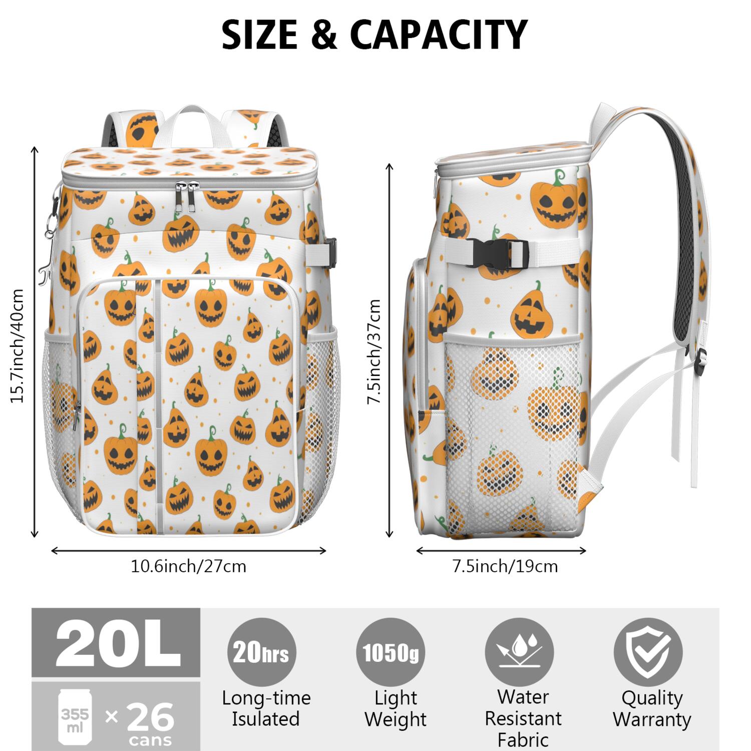 Travel Cooler Bag - White Halloween Jack Camping Beer Cooler Backpack with Bottle Opener- Waterproof Insulated Picnic Backpacks - Cooler Bag for Beach