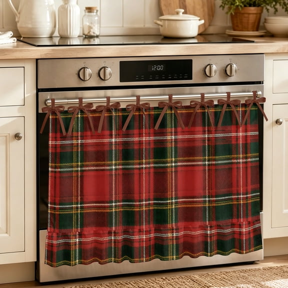 Oven Skirt Curtain for Kitchen Christmas Tartan Check Stove Curtain 32x24in, Waterproof Oil-Proof Cabinet Curtains Classic Red Green Plaid Check Oven Curtains with 8 Tie Top Farmhouse Decor
