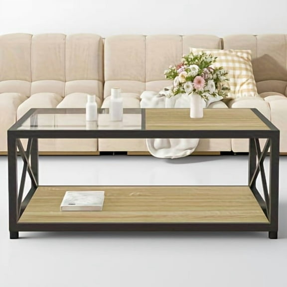 Modern coffee table for Bedroom & Living Room, Tempered Glass&Natural Wood MDF Top , Industrial Style coffee table