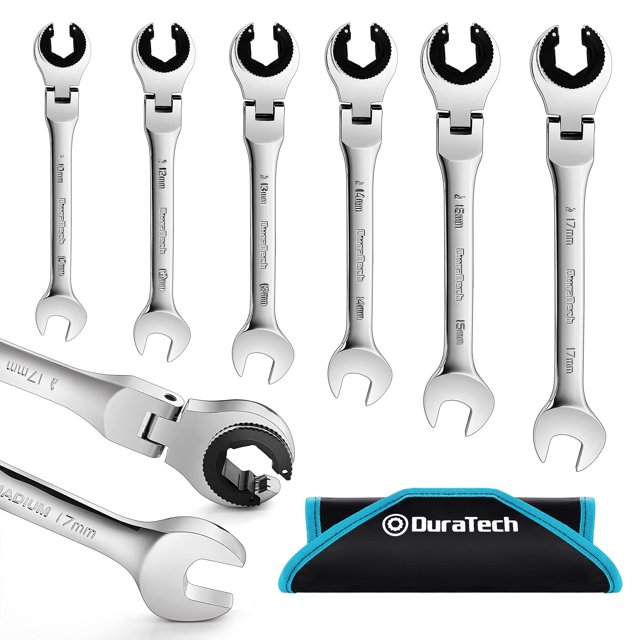 DURATECH 6-Piece Ratcheting Wrench Set with Open Flex-head, Metric Ratcheting Tubing Wrench Set, 10-17mm, 72-Tooth Gear, CR-V Steel, with Organizer B