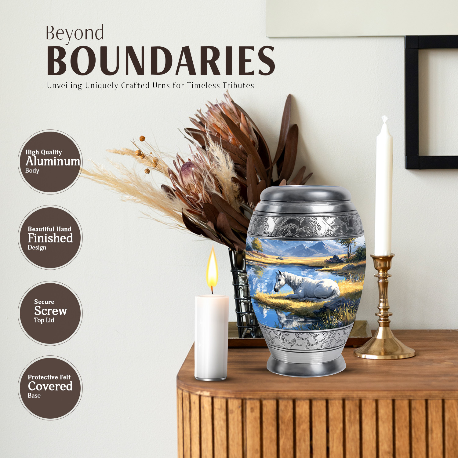 JAGASY Horse Memorial Urn for Ashes Adult Male, Blue Keepsake Small Urns for Human Ashes, Mountain Trees Decorative Urns for Daughter, White Horse Mini Cremation Urn for Son, (3 Inch)