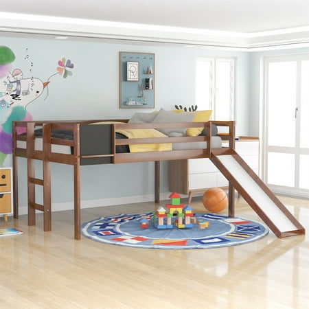 Full Size Loft Bed with Slide and Chalkboard  Solid Wood Low Loft Bed Frame with Side Ladder & Full-Length Guardrails & Under-bed Storage Space  for Bedroom Dorm  No Box Spring Needed  Walnut