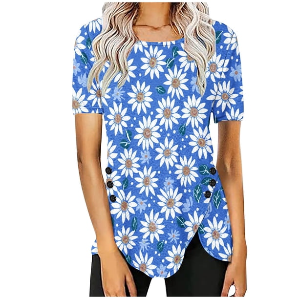 Blusas de Manga Corta para las Mujeres Botón Impreso Cuello Redondo Top Casual, Blusas para las Mujeres Casual