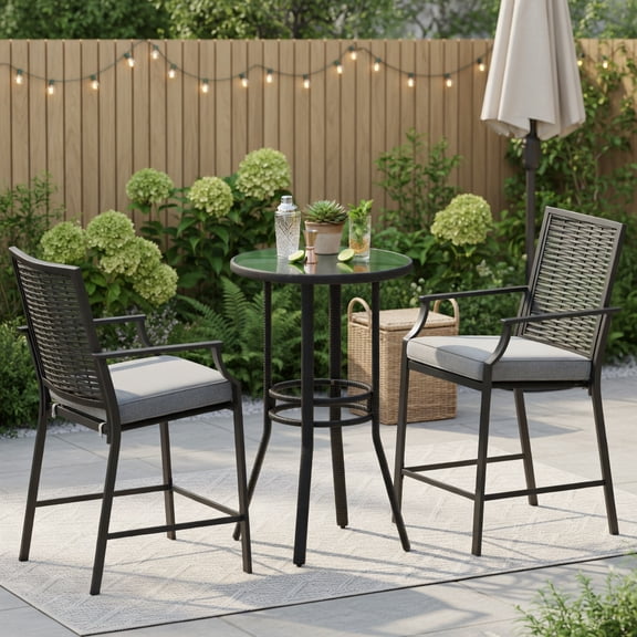 Topcobe Patio Bar Stools Set of 2 Counter Height Rattan Bar Chairs with Armrest, Outdoor Patio Furniture Set, Easy to Assemble, Grey