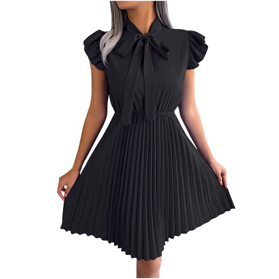 IROINNID Women's Wood Ear Lace Up Bow Tie Waist Large Swing Pleated Dress A-Line Solid Color Dress