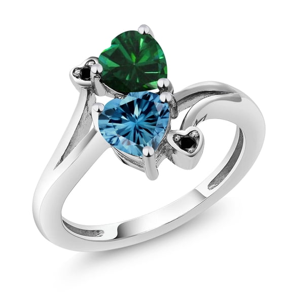Gem Stone King 10K White Gold Diamond Accent Ring Heart Shape Green Nano Emerald and Vivid Persian Blue Moissanite (1.53 Cttw, Size 5)