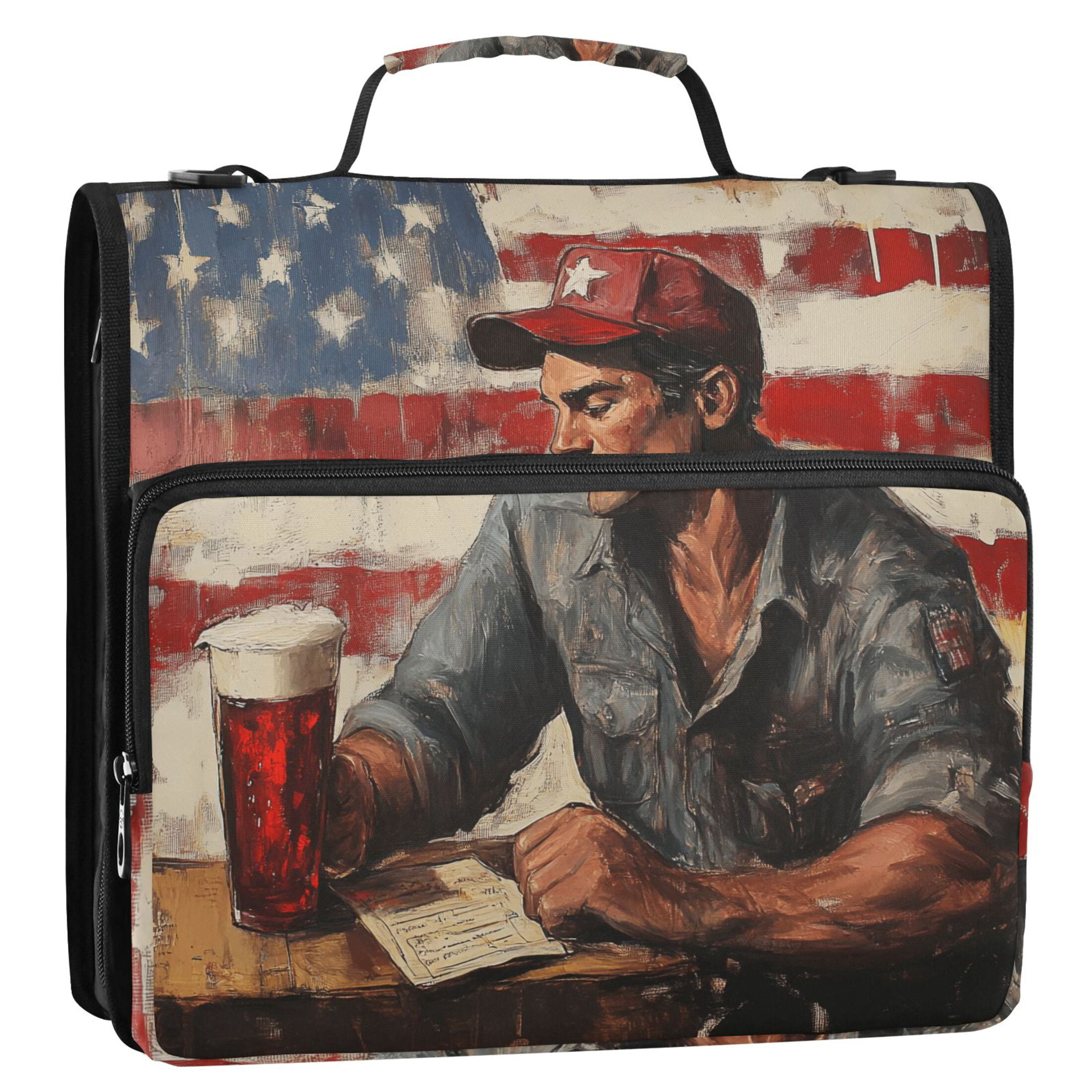 3 Ring Zipper Binder with Shoulder Strap Waterproof Trapper Keeper 2 Inch D-Ring 500 Sheets Capacity American Worker and Flag