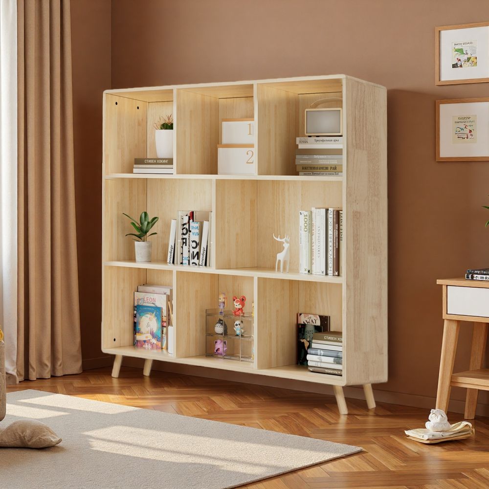 LUMAMIN 8-Compartment Storage Cabinet, Pine Wood 8 Cube Organizer Bookcase, Simple Storage Bins Container Bookshelf Open Shelf  for Living Room, Bedroom, Natural