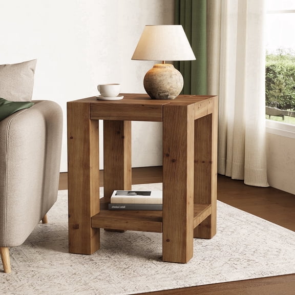 Finmind Solid Wood Square Side Table, Rustic Farmhouse Sofa End Table with Storage for Living Room, Bedroom, Vintage Brown