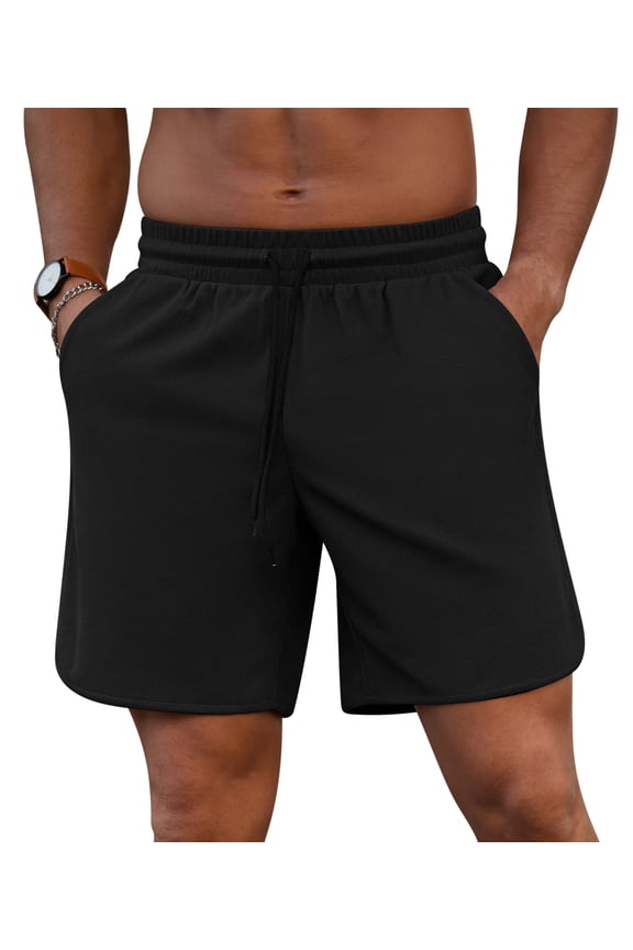 Mens Athletic Shorts Elastic Drawstring 7in Inseam Stretch Waffle Running Gym Black L