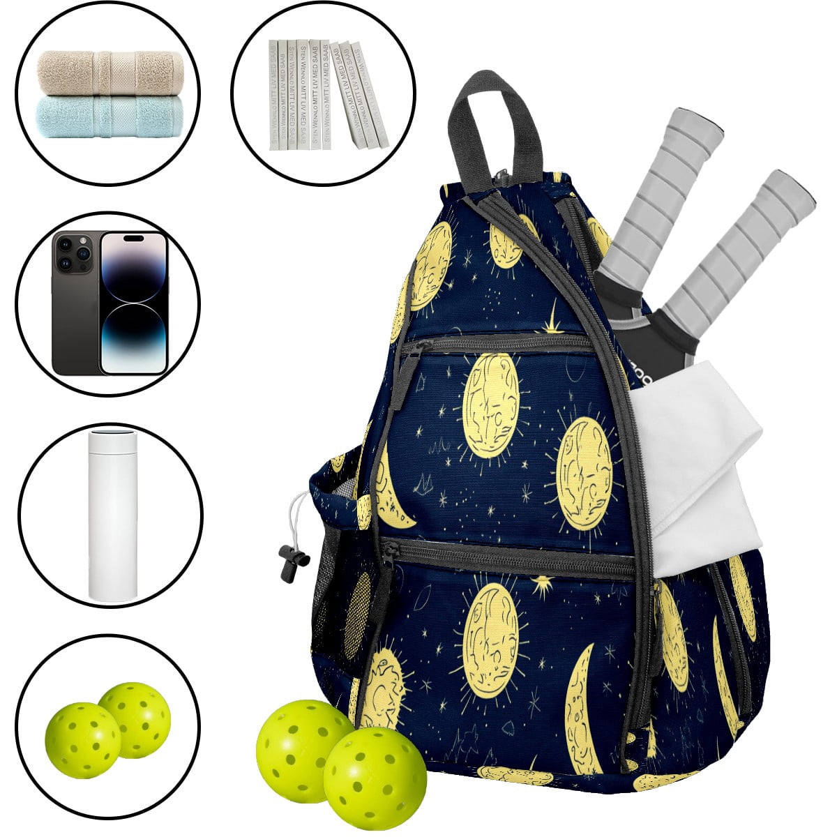 Pickleball Bags for Men Women Pickleball Backpack with Large Capacity Lightweight Adjustable Pickleball Sling Bag Hold Paddles, Balls, Accessories Moon And Sun Pattern