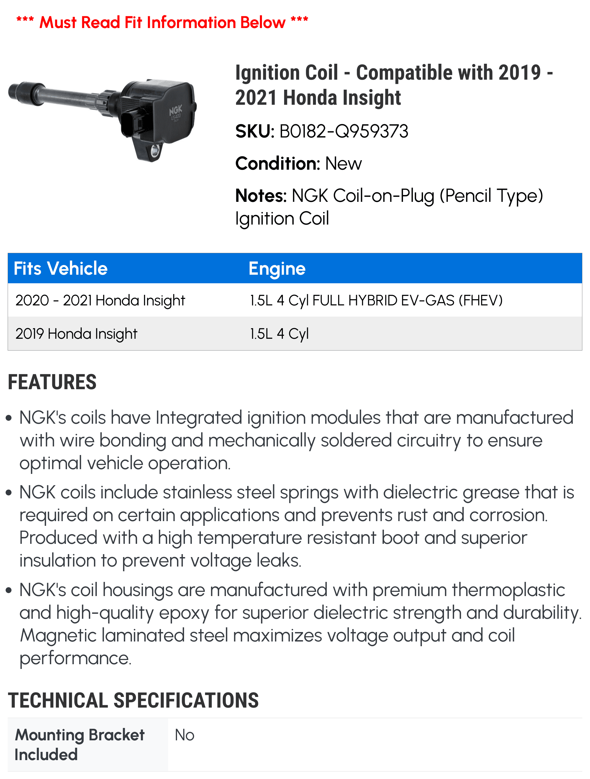 Ignition Coil - Compatible with 2019 - 2021 Honda Insight 2020