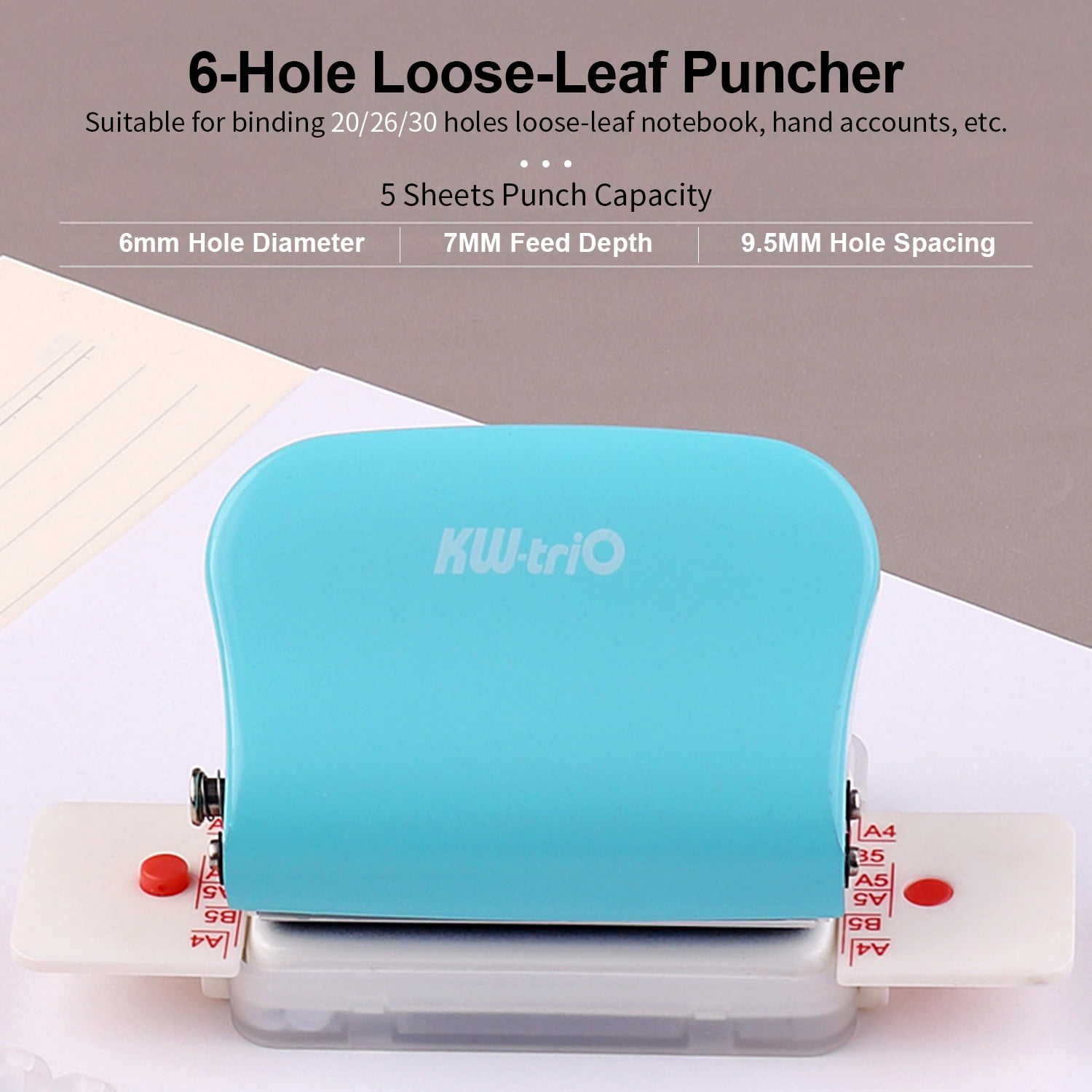 Decoe 6-Hole Paper Punch Handheld Metal Hole Puncher 5 Sheet Capacity 6mm for A4 A5 B5 Notebook Scrapbook Diary Planner