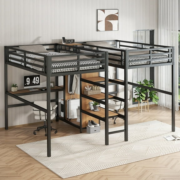 Bellemave Twin Size Loft Bed with Stairs, Desks and Wardrobe Space-saving 2 Twin Beds in 1 Noise Reduced Twin & Twin Double Metal Loft Bed Frame for 2 Children, Teens (Brown Wood Grain)