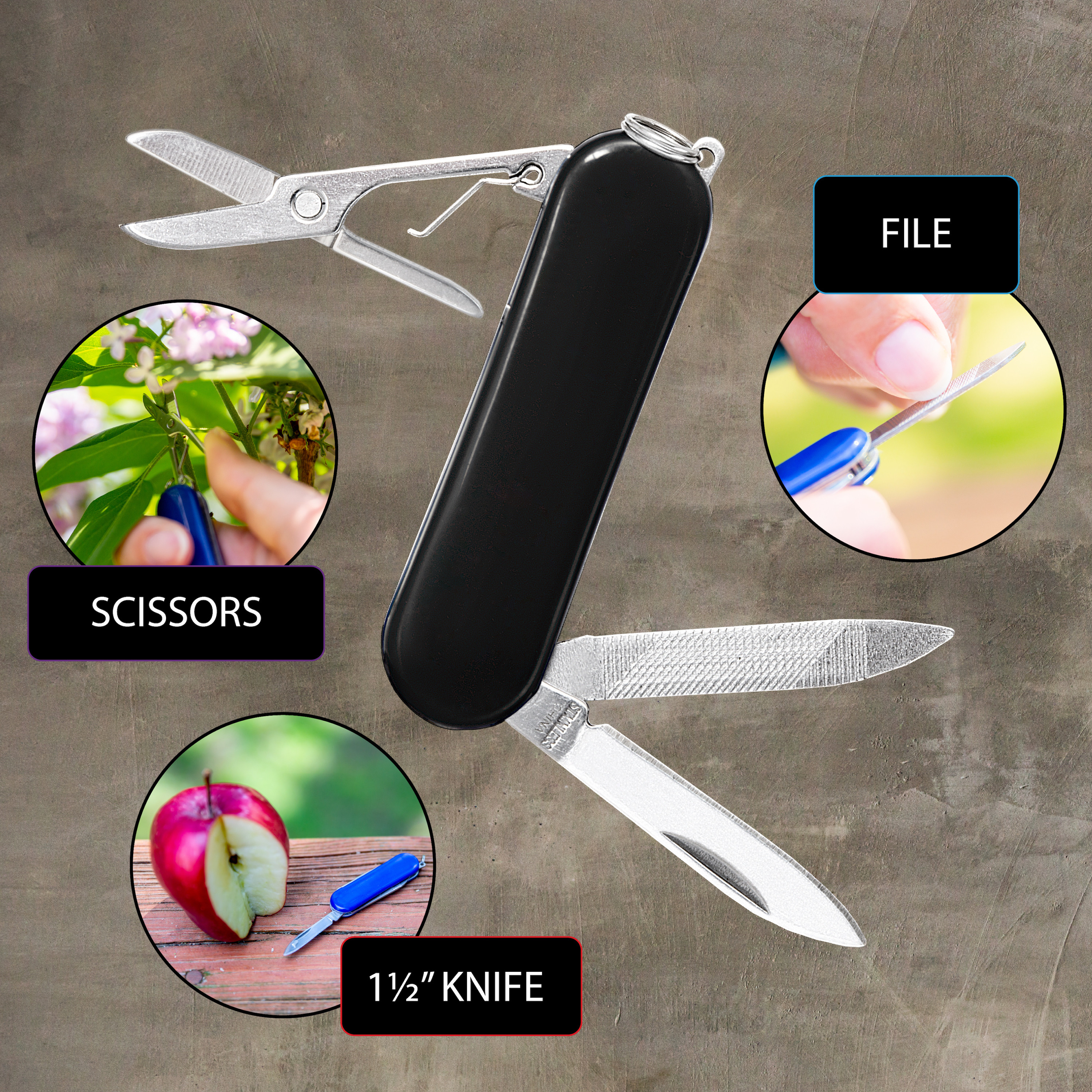 MAXAM Multi-Function Army Knife - Black Mini Multi-Tool, Pocket Knife with Scissors
