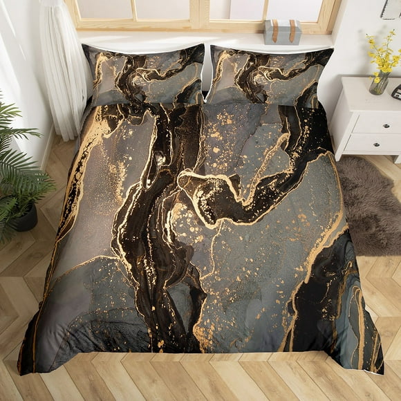 Black Golden Marble Duvet Cover for Kids,Metallic Marble Design Bedding Set Queen,Marble Printed Comforter Cover,Abstract Marbling Bed Sets with 2 Pillowcases Soft Home Room Decor
