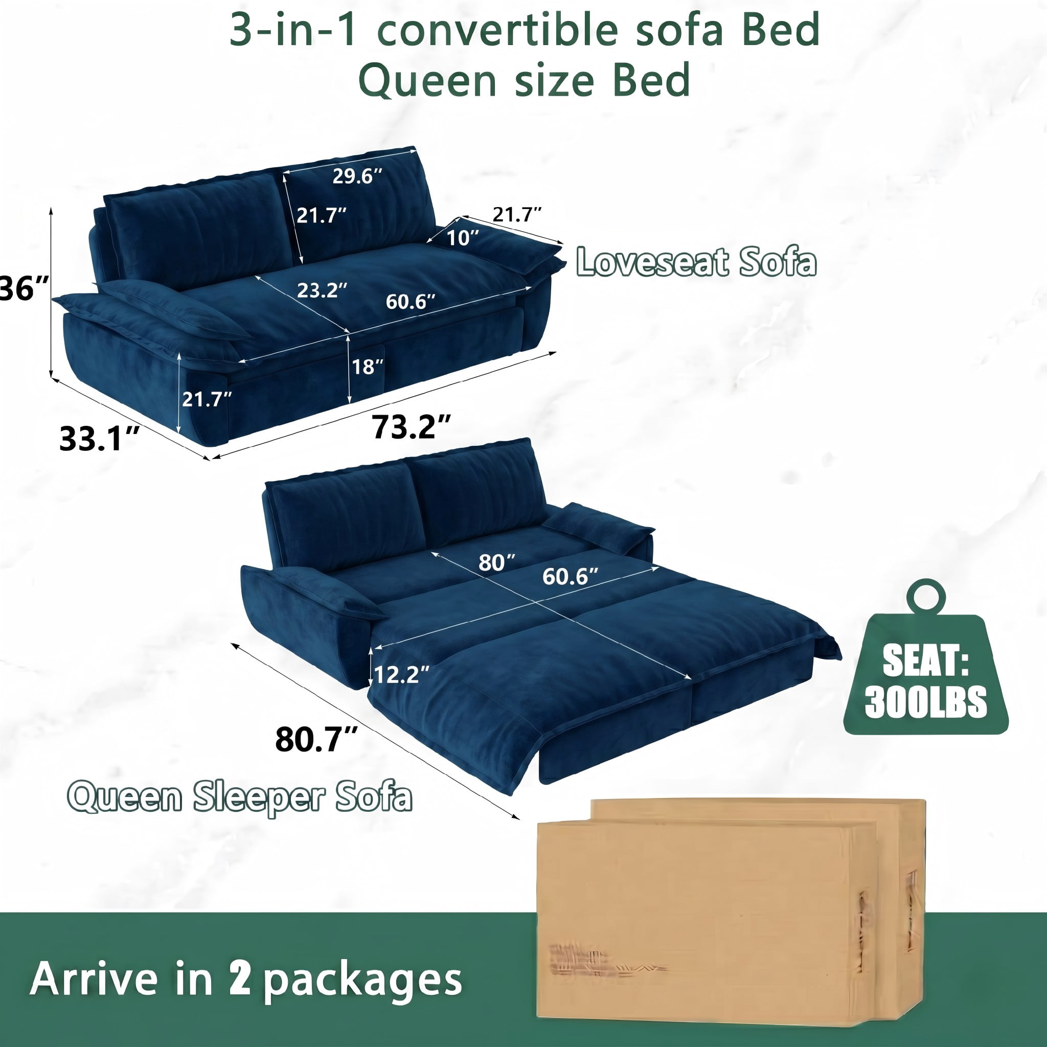 Multi-Functional Velvet 3-in-1 Convertible Sofa Bed, Queen Size Sleeper Loveseat with 2 Pillows, Dark Blue