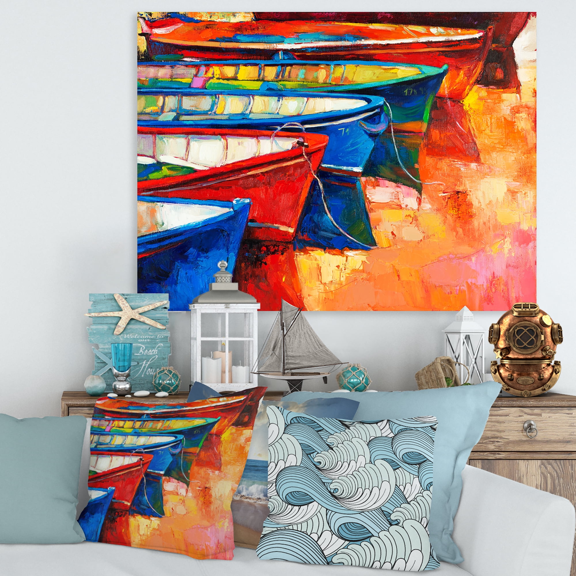 Designart ' Boats During Warm Colourd Sunset In The Harbor II ' Nautical & Coastal Canvas Wall Art Print