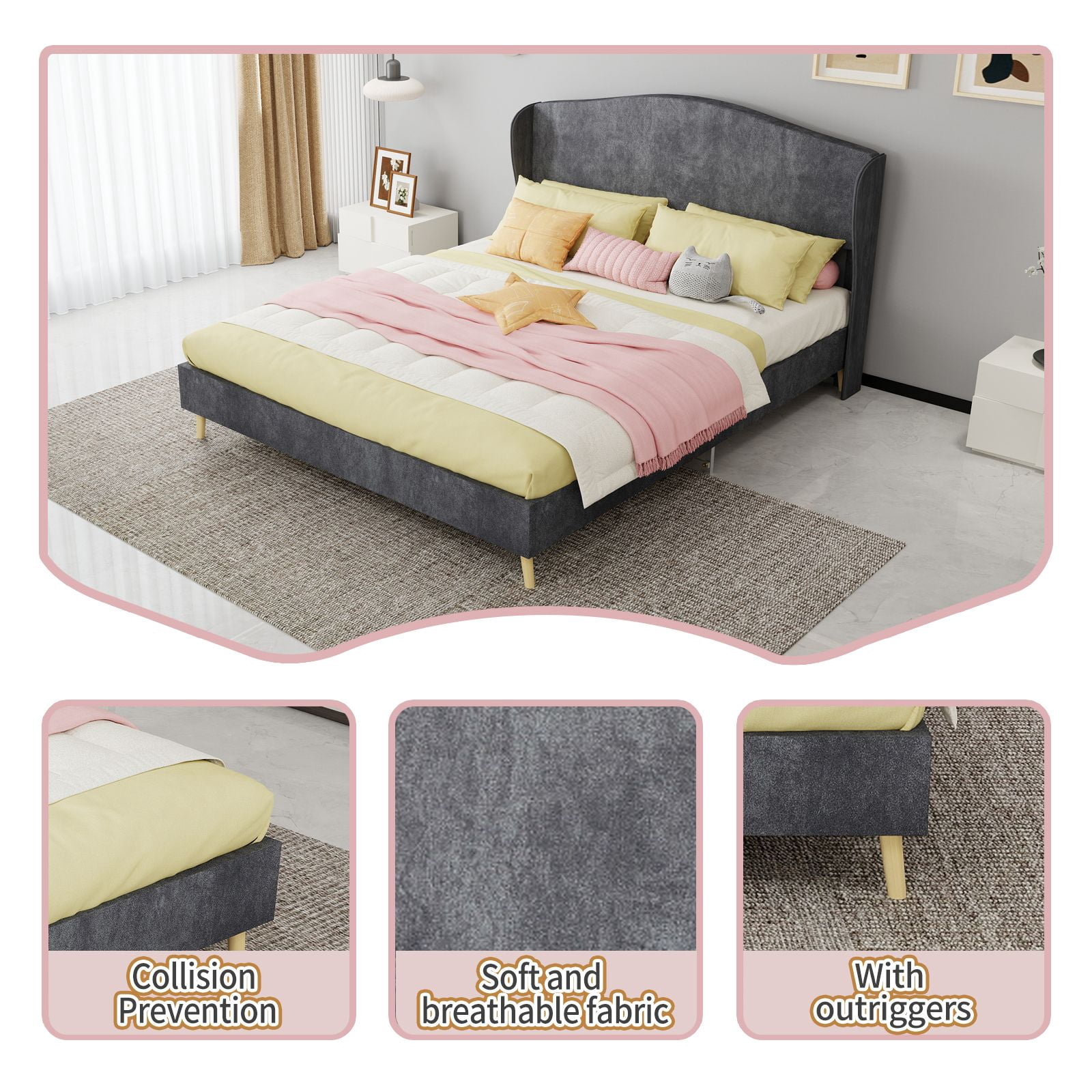 Alvantor Queen Size Upholstered Bed Frame with Padded Headboard, Holland Velvet Tufted Noise-Free & Durable Gray