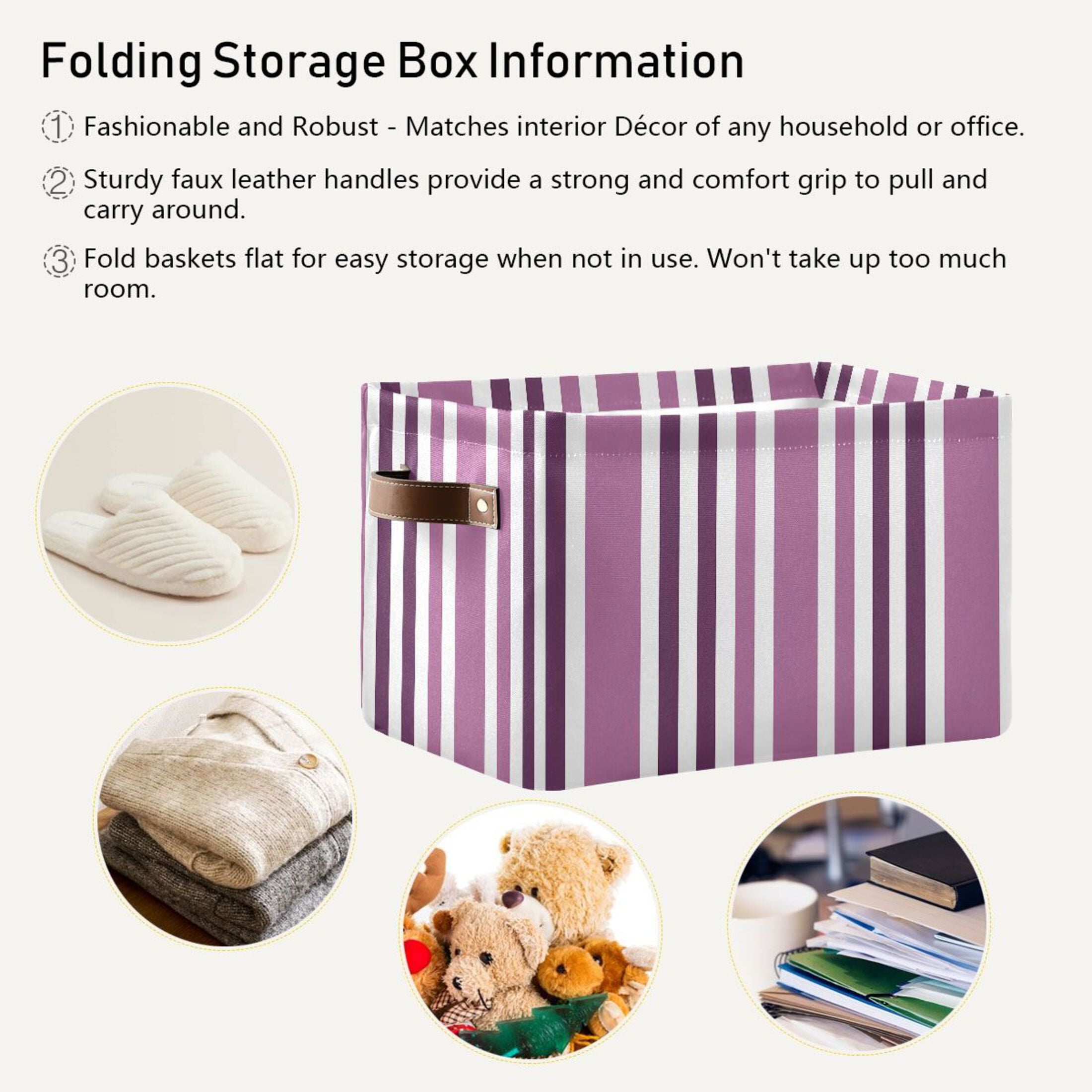 Storage Bins with Handle Fabric Organizer Basket Foldable Box 1 Pack Aubergine and White Stripes 14.2x10.2x8.3