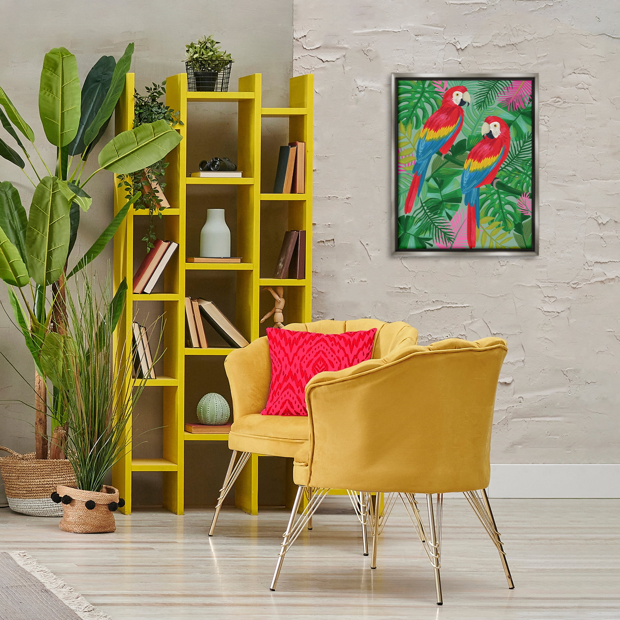 Stupell Industries Pink Paradise Parrots Animals Painting Gray Floater Framed Canvas Art Print Wall Art, 17 x 21