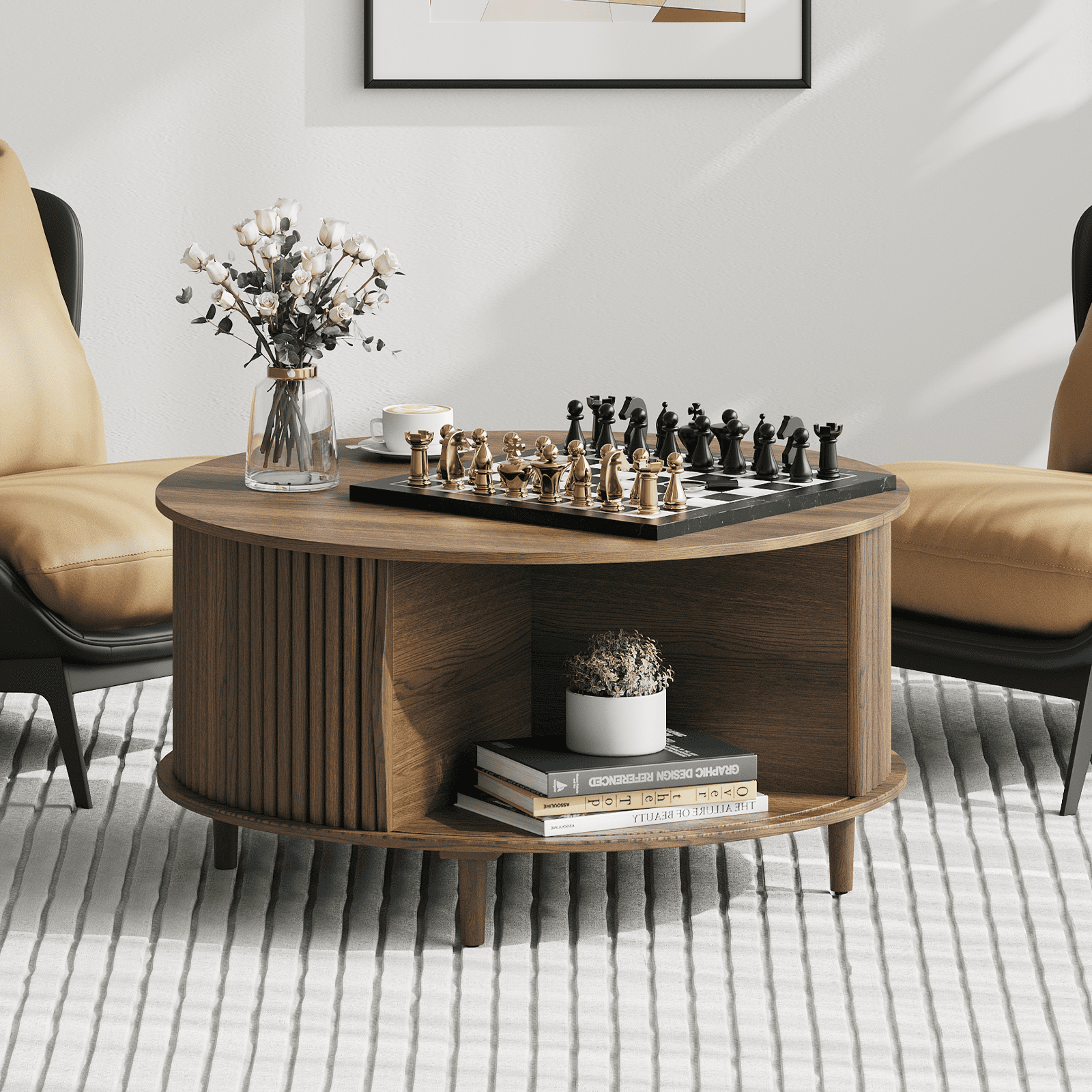 JOINICE Round Coffee Table with Storage and Sliding Door,Mid Century Modern Wooden Center Table,for Living Room,Walnut