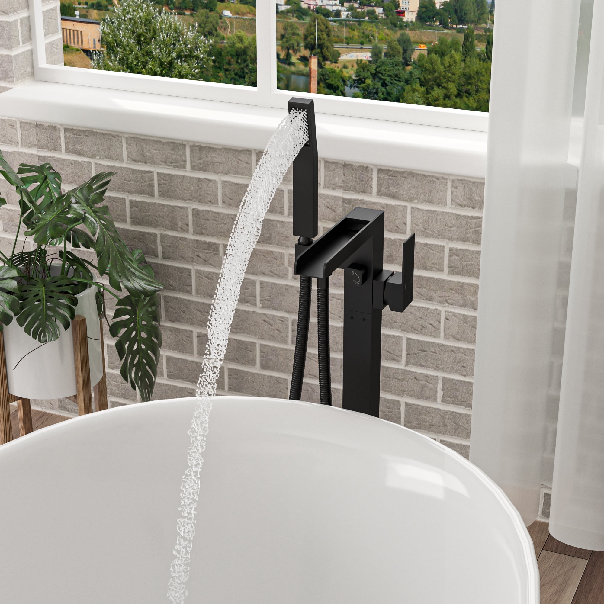 Freestanding Bathtub Faucet Waterfall Tub Filler Matte Black Floor Mount Brass Bathroom Faucets with Hand Shower