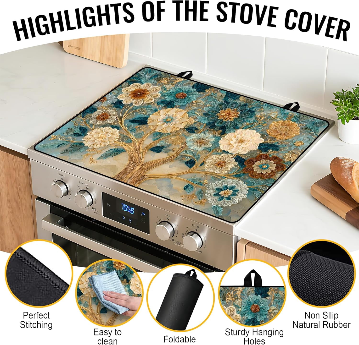 Stove Top Cover for Electric Stove 28.5x20.5 Inch Silicone Stove Topper & Protector, Decorative Kitchen Mat for Electric/Glass Stove Top (Cream & Gold Floral Tree)