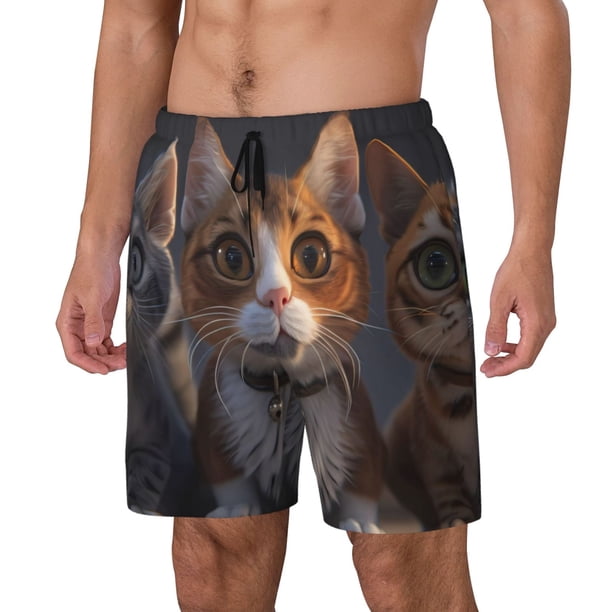 Fotbe Wide Eyed Cartoon Cats Traje de Baño para Hombre – Shorts de Natación de Secado Rápido con Forro y Bolsillos-XX-Large