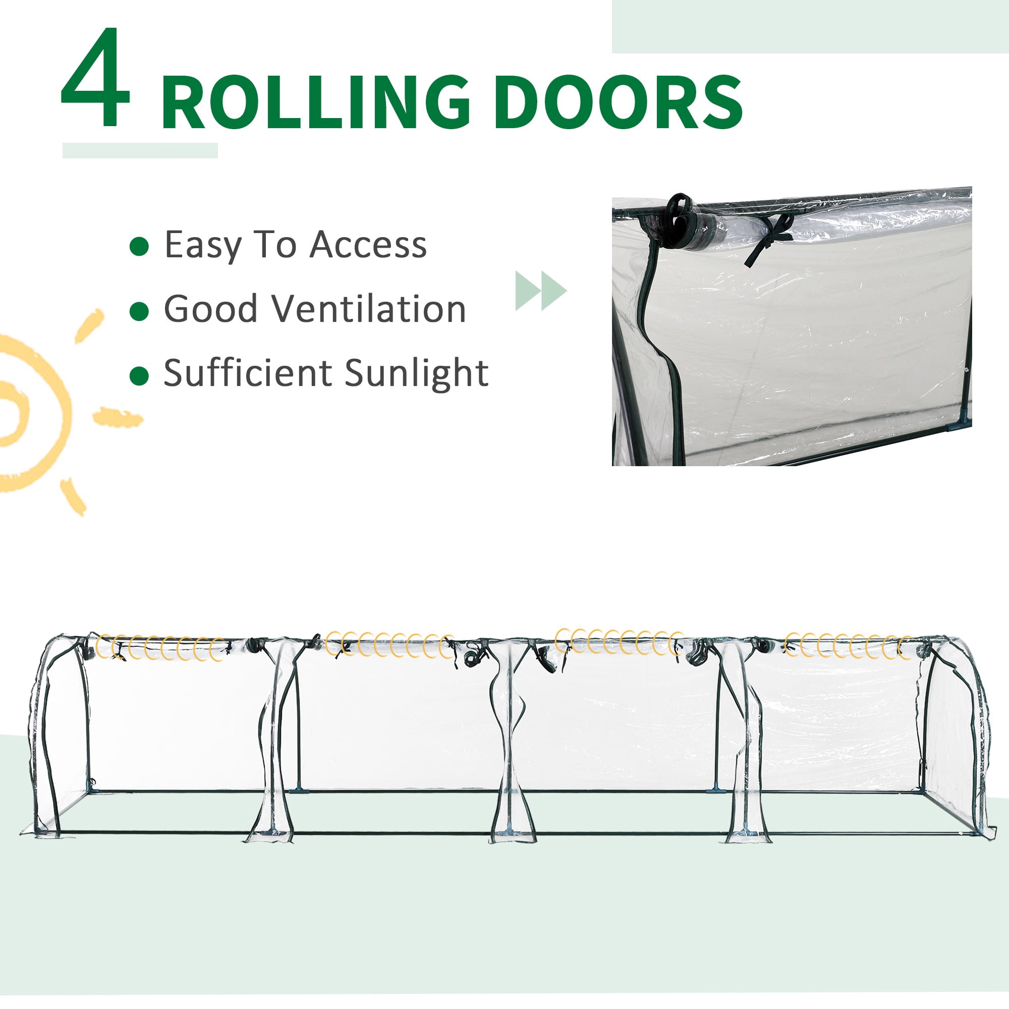 Outsunny Portable Tunneled Greenhouse with 4 Zippered Doors, PVC Cover