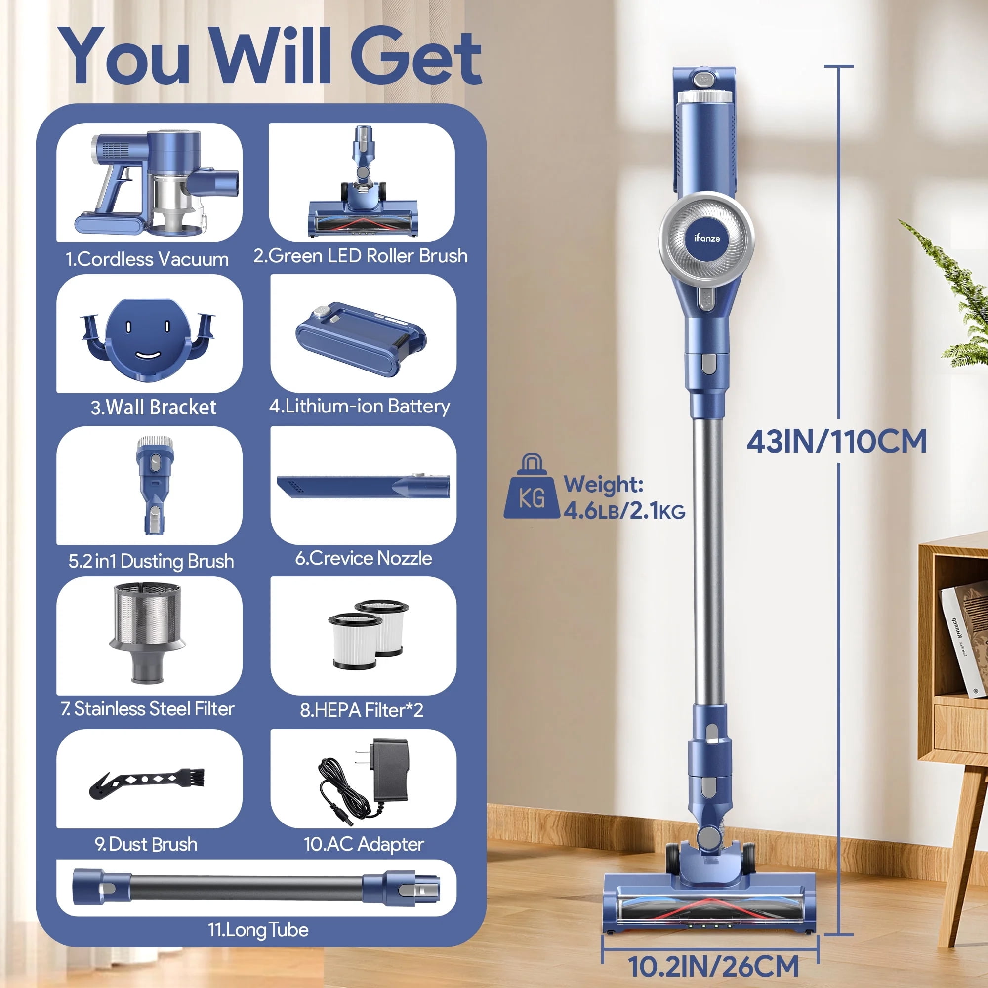 Qunler Cordless Vacuum Cleaner for Home, Self-Standing Stick Vacuum with Rechargeable 2200mAh Detachable Battery for Hardwood Floors, Carpets, and Pet Hair, Green LED Lights Reveal Invisible Dust