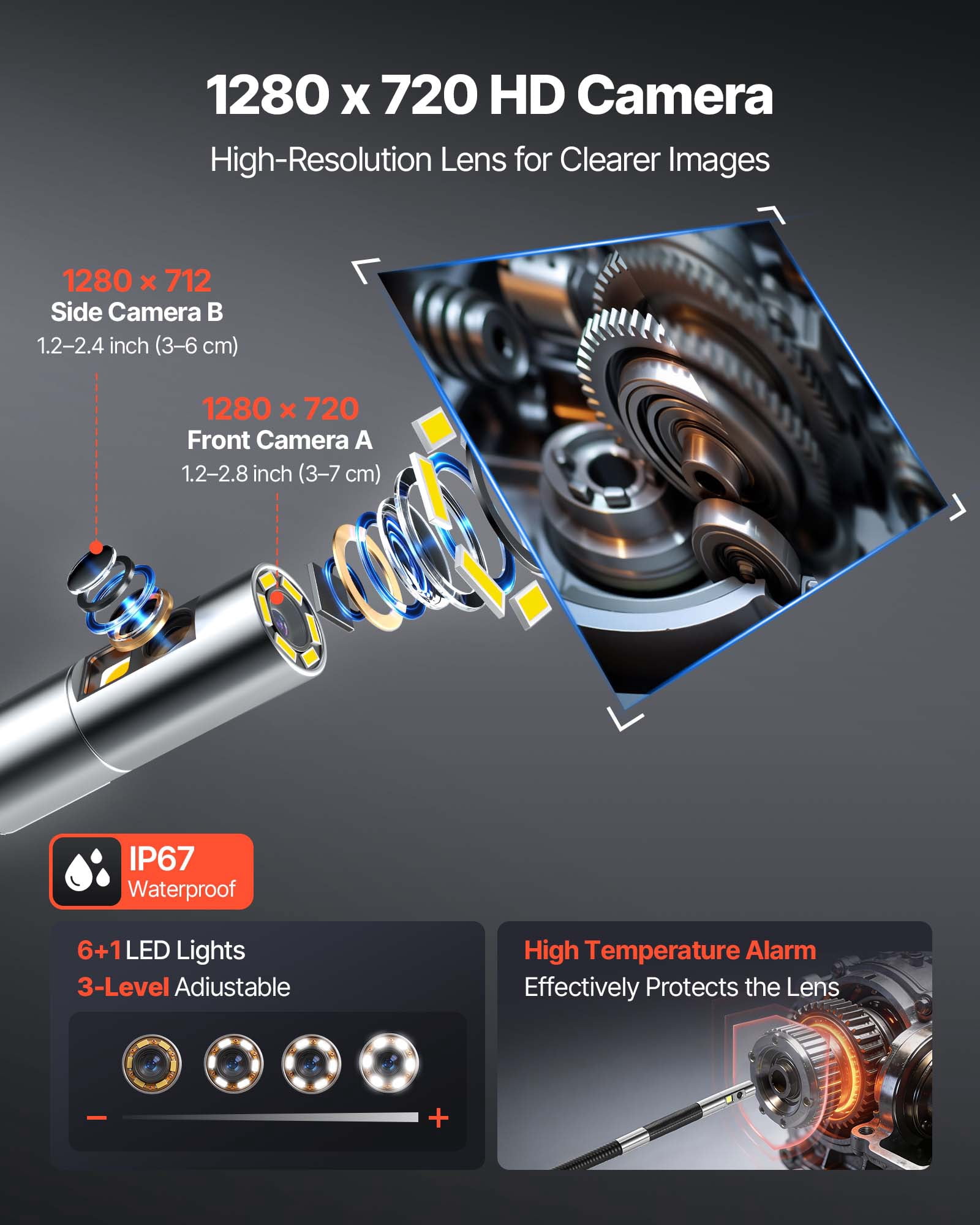VEVOR 2-Way Dual-Lens Articulating Endoscope with Light, 1080P HD Industrial Borescope Inspection Camera with 0.24-inch Slim Articulated Probe, Rigid Snake Scope Cam for Wall Automotive Inspect-4.9FT