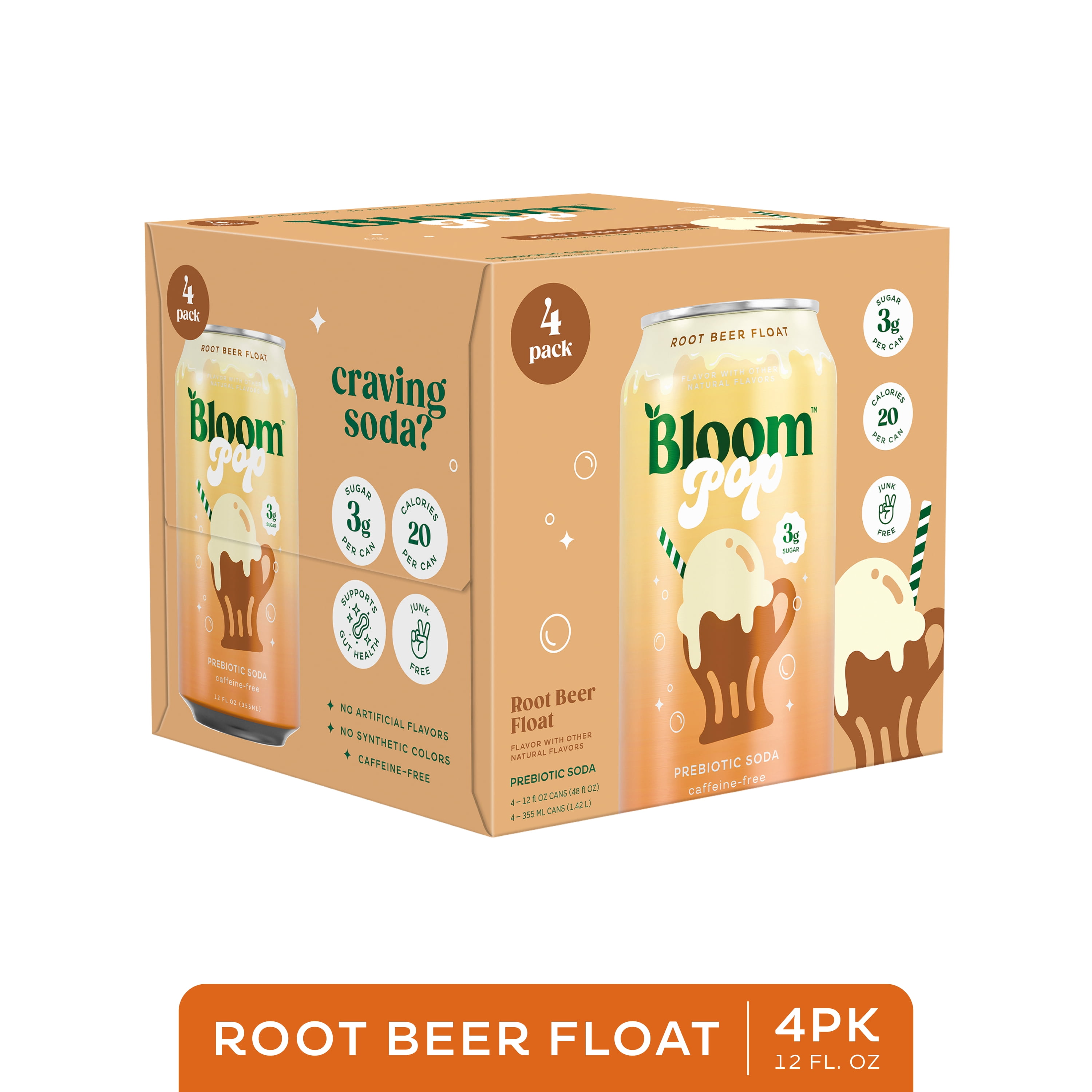 (6 pack) Bloom Nutrition Pop Prebiotic Soda, Root Beer Float, 12 fl oz, 4 Pack Cans