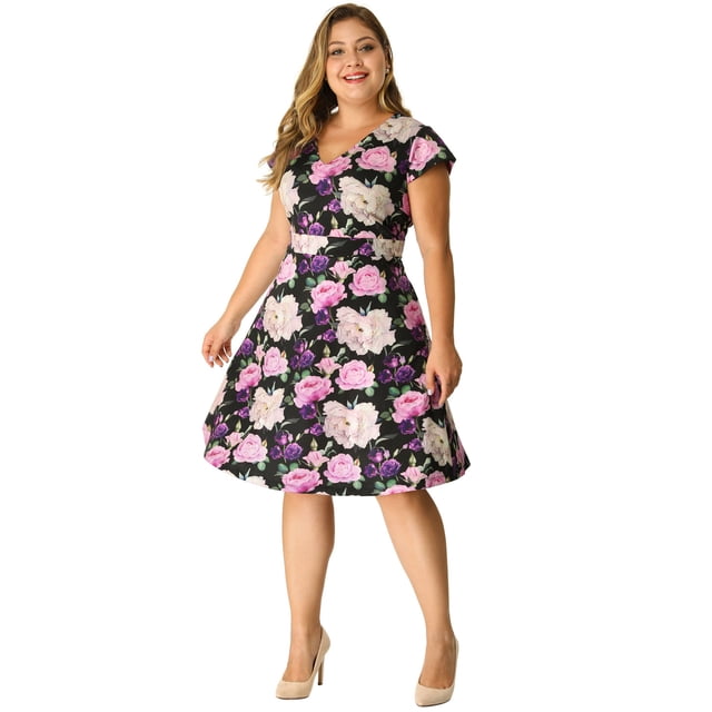 GRACE & GRANDEUR Robe Fleurie à Manches Courtes à Col en V Profond pour Femme Grande Taille