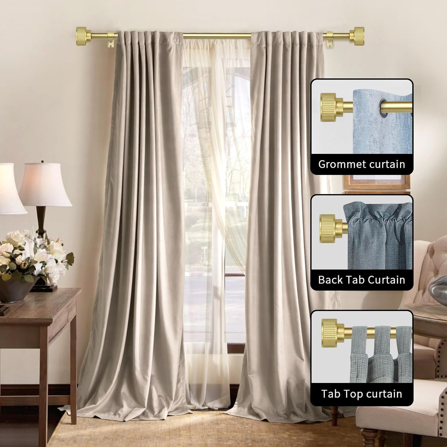eTeckram 5/8" Double Curtain Rod with Bouton Finials,Gold,48‘’-84‘’