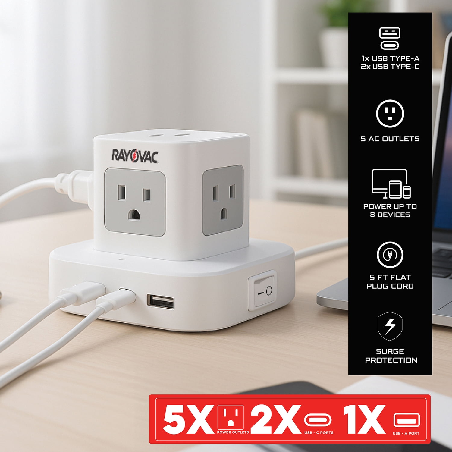 RAYOVAC 5-AC Outlet and 3-USB Port 540-Joules Power Cube Surge Protector, 5-Ft. Cord with Flat Plug, SS-P927
