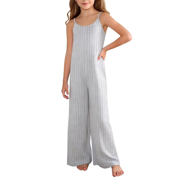 Ruyang Girl's Spaghetti Strap Sleeveless Loose Jumpsuit Wide Leg Long Pants Overalls Teen Girl Knit Rompers Solid Suspender Trousers