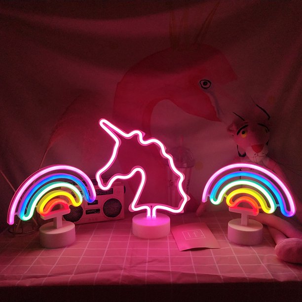 Lámpara de mesa decorativa con forma de corazón de niña, arcoíris, unicornio, luz de neón, adorno para dormitorio