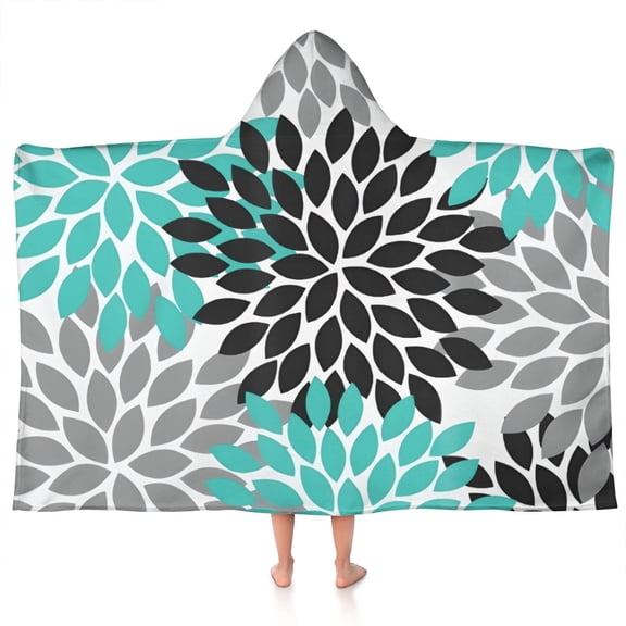 Black Turquoise and Gray Floral Pattern Hooded Bath Towel,50"x30" for Ages 3 To 12 Kids, Quick Dry Lightweight Soft Microfiber Hood Beach Towel Cover Up for Kids