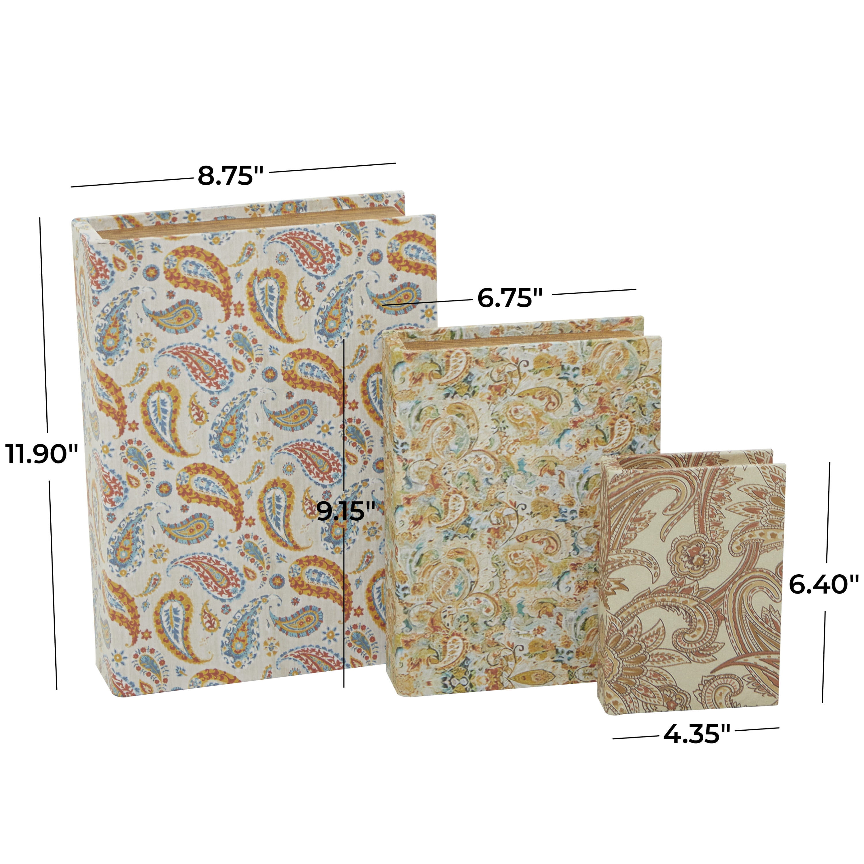 DecMode Faux Book Cream Canvas Decorative Box with Varying Patterns, 3 Count