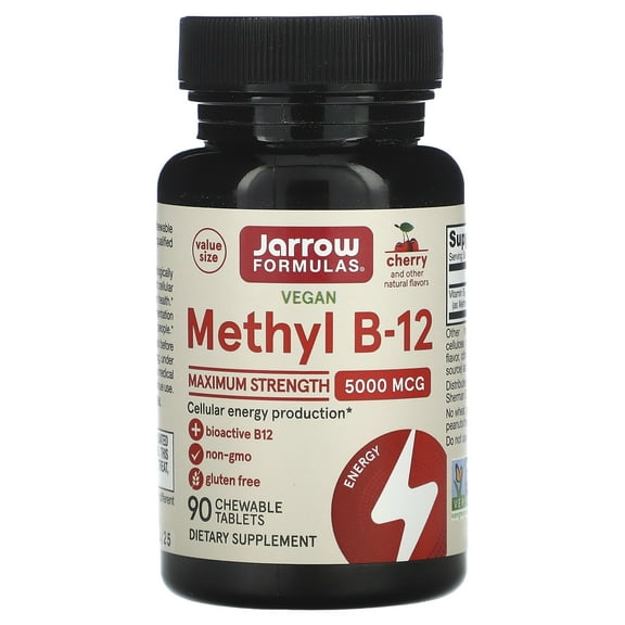Jarrow Formulas Vegan Methyl B-12, Maximum Strength, Cherry, 5,000 mcg, 90 Chewable Tablets