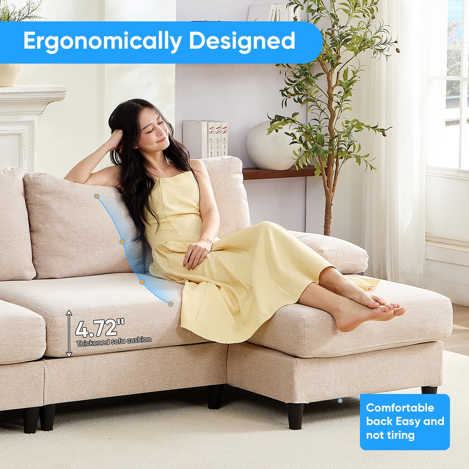 Mjkone U-Shaped Sectional Sofa, 4 Seater Sectional Couch with Chaise, Modular Sleeper Sectionals for Living Room-Beige