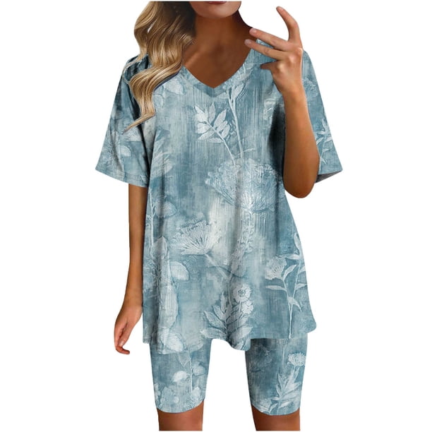 Blusas para Mujeres Casual Cuello en V Impresión de Manga Corta Blusa Y Pantalones Cortos Dos Piezas Pantalones Conjunto