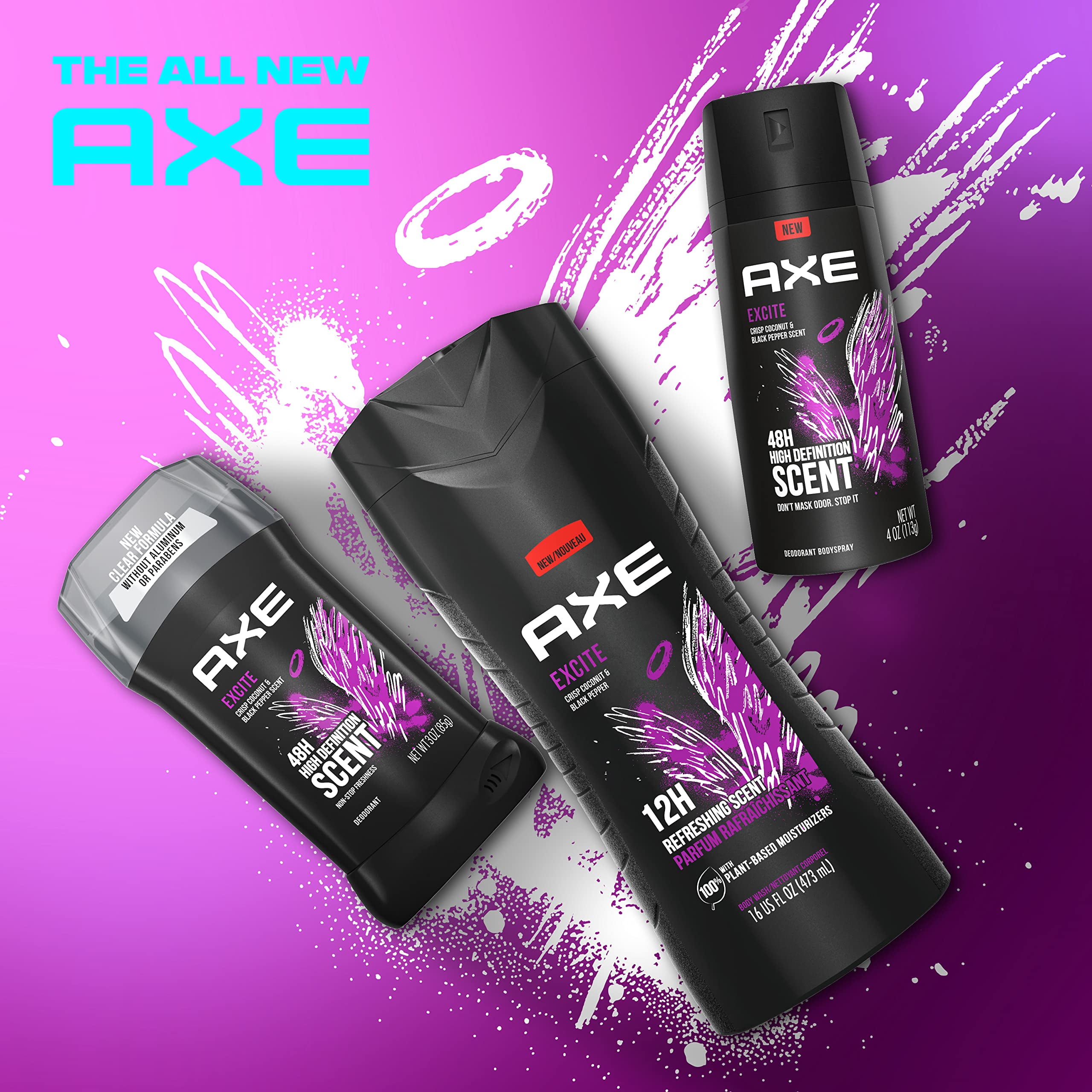 AXE Body Wash 12h Refreshing Scent Excite Crisp Coconut & Black Pepper Men's Body Wash with 100% Plant-Based Moisturizers 16 oz 4 Pack C6