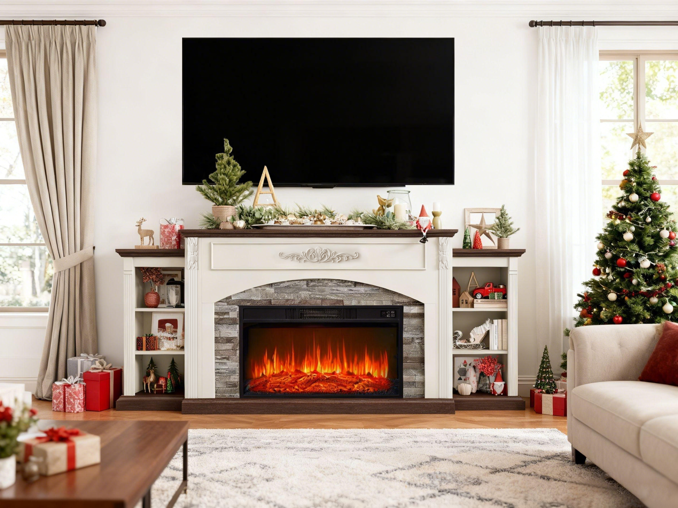 BOSHIRO 80" Electric Fireplace with Mantel and Cabinets, Fireplace TV Stand for Living Room Bedroom, Fits TVs up to 90”