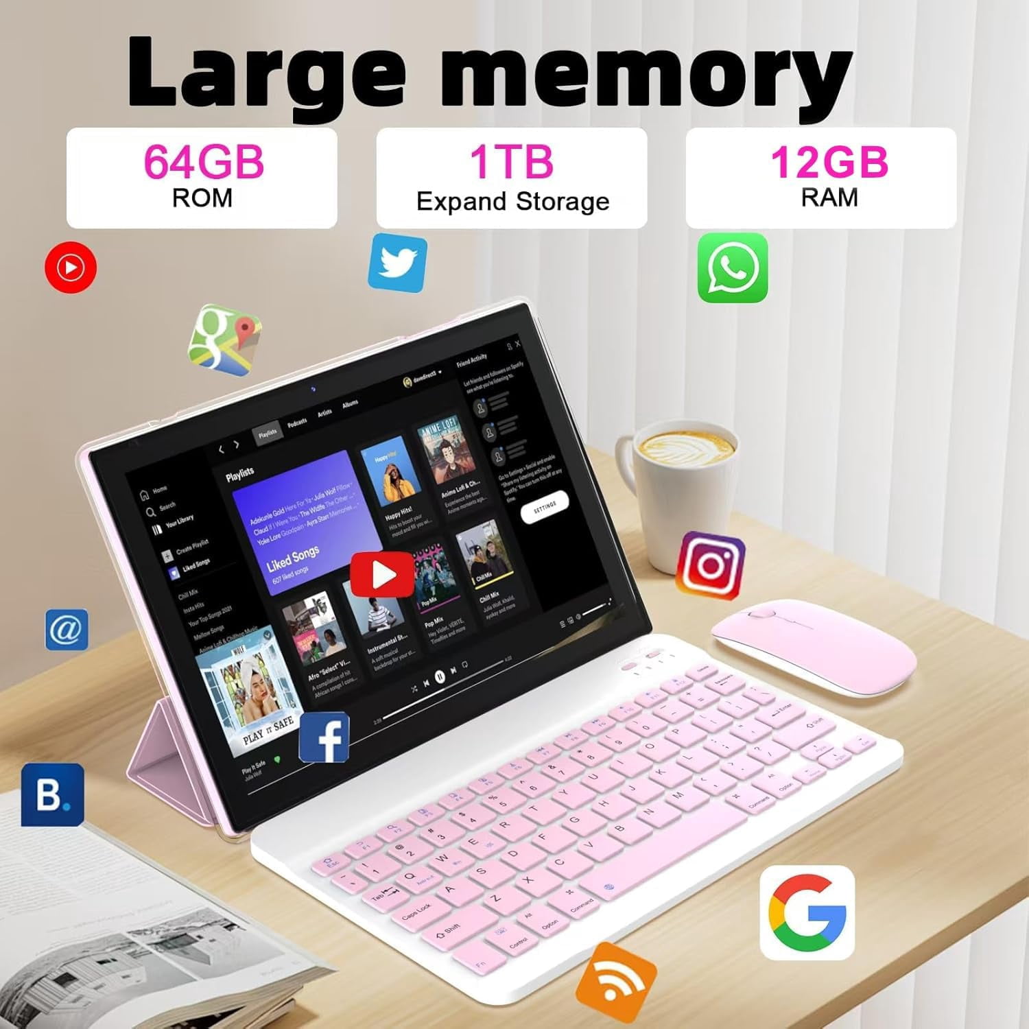 Android 15 Tablet, 10 inch 12GB RAM+64GB ROM Tablet, 2 in 1 Tablets with Keyboard Case Mouse Stylus, 1.8GHz Quad-core Processor, 1280*800 HD Touch Screen, 8MP Camera, 2.4G/5G Wi-Fi6, BT 5.0 Tablet PC