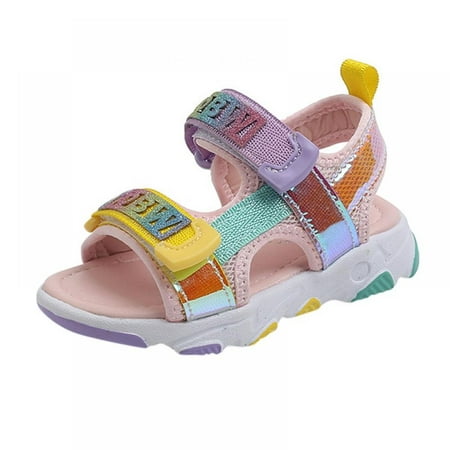 

Girls Glitter Sandals Two Strapped Open Toe Hook and Loop Summer Shoes with Sling Back Leatherette Sandals Straps