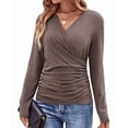 thumbnail image 3 of V Neck Ruched Tops for Women, Casual Women'S Long Sleeve Wrap Shirts Fashion Slim Fitted Pullover Blouses Camel Color L, 3 of 9