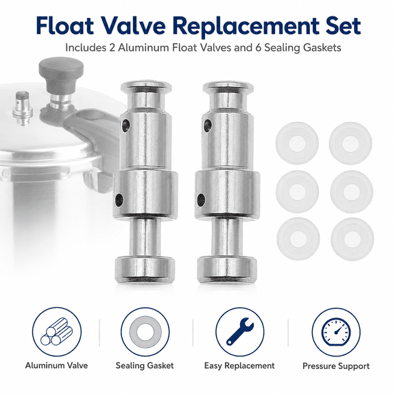 Pressure Cooker Float Valve Replacement Set, 2 Aluminum Float Valves with 6 Sealing Gaskets, Compatible with Select Duo, Duo Plus, Ultra and Lux Models
